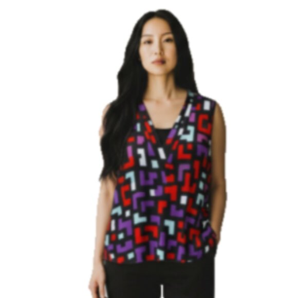 Studio Y Tops - Studio Y Women’s Top XXL 2-in-1 Camisole Black Crossover Geometric Stretch EUC